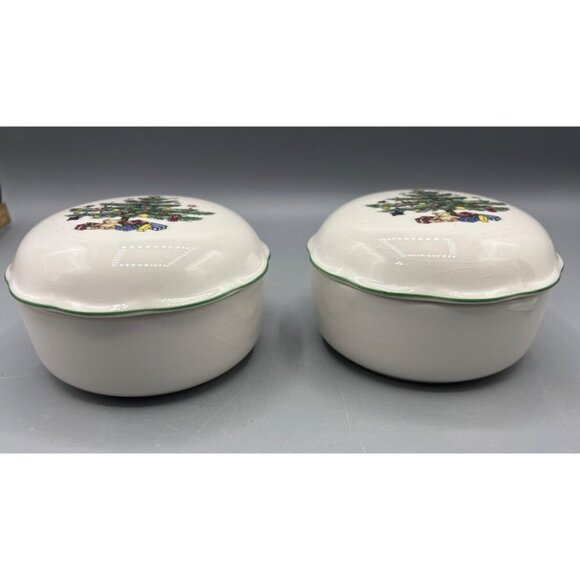 Vtg Nikko Happy Holidays Christmas Tree Lidded Bowls Trinket Dish Porcelain - Picture 2 of 5